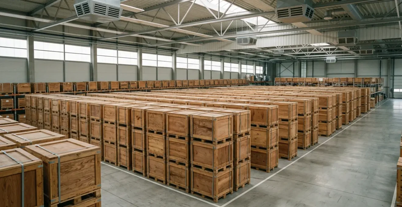 Espace de stockage professionnel avec caisses en bois empilées dans un entrepôt ventilé et sécurisé