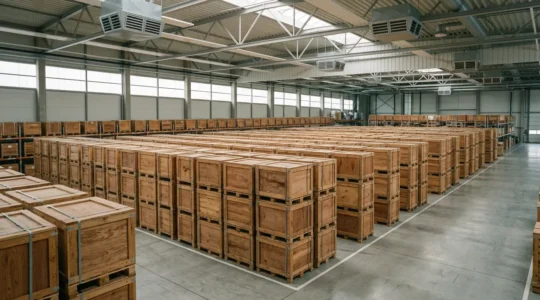 Espace de stockage professionnel avec caisses en bois empilées dans un entrepôt ventilé et sécurisé