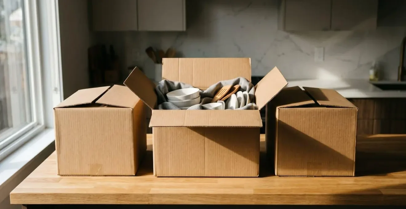 Cartons de cuisine soigneusement étiquetés et organisés pour un déballage efficace