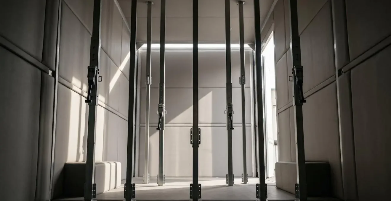 Vue en contre-plongée de l'intérieur d'un camion de déménagement montrant des barres d'arrimage créant des compartiments de sécurité pour le mobilier