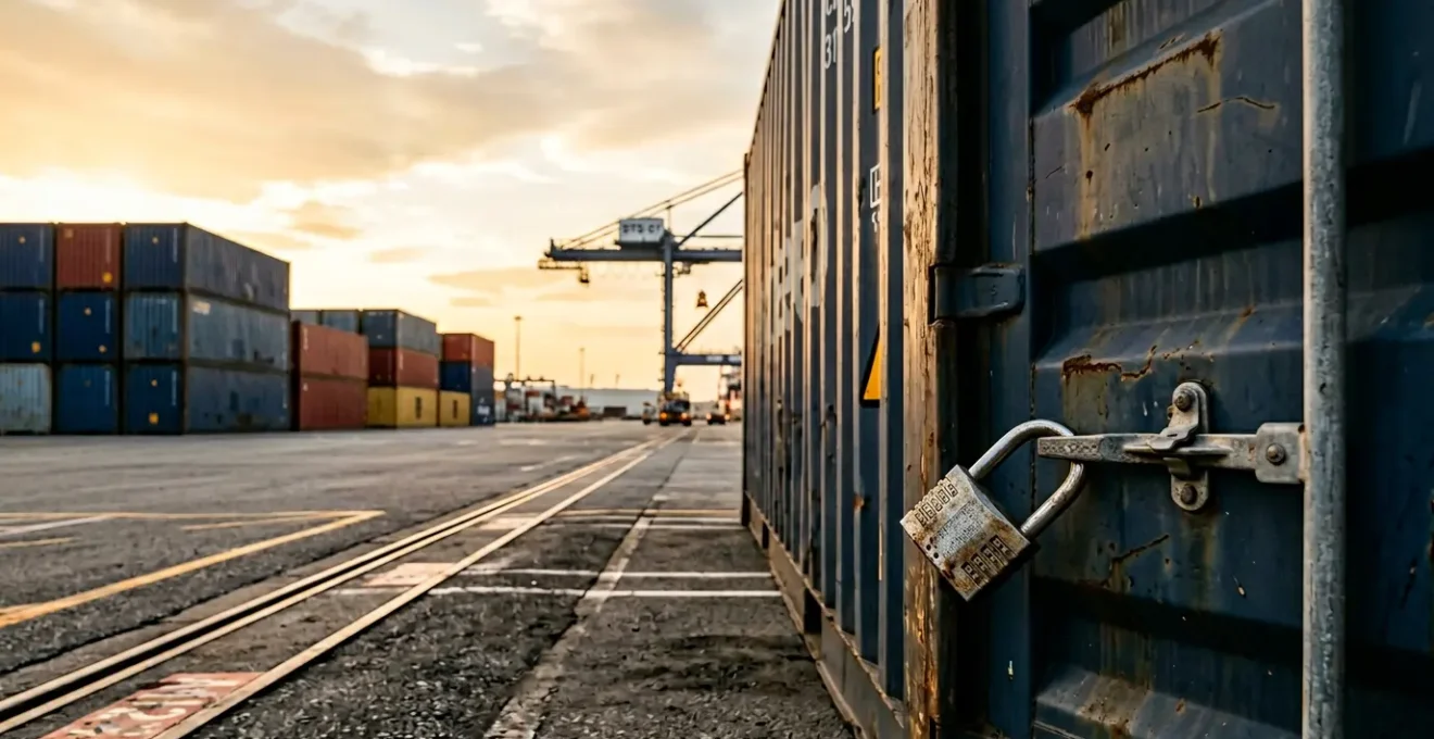 Conteneur maritime sécurisé avec plomb au premier plan dans un port moderne