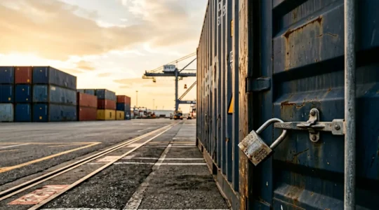 Conteneur maritime sécurisé avec plomb au premier plan dans un port moderne