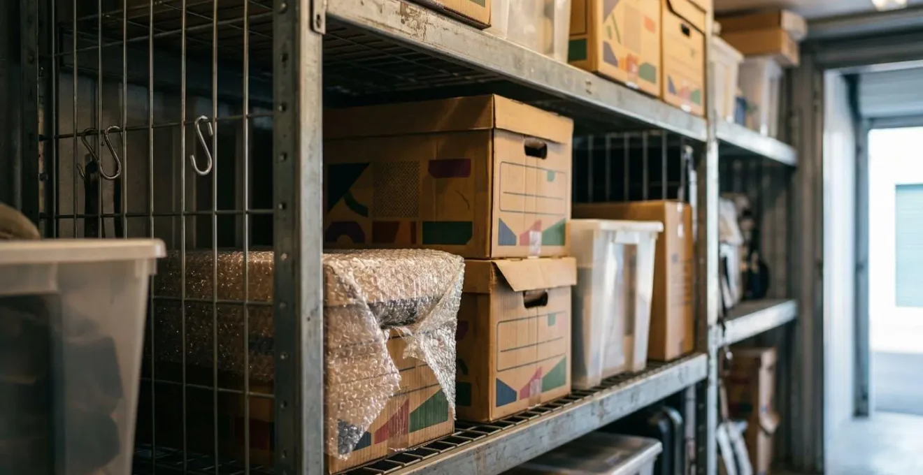 Aménagement optimisé d'un box de self-stockage avec étagères métalliques et cartons étiquetés