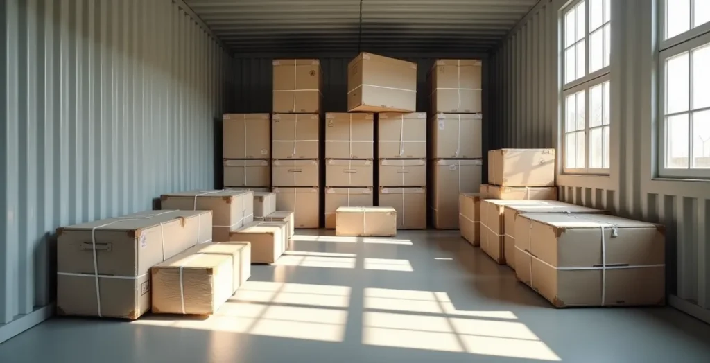 Vue intérieure d'un box de stockage méthodiquement organisé avec zones distinctes pour différentes catégories d'objets