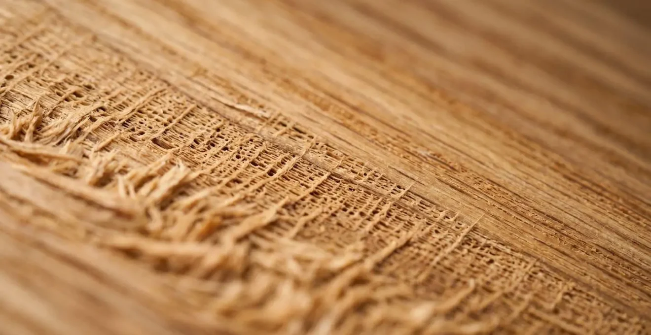 Détail macro de grain de bois naturel montrant la texture microporeuse absorbant l'humidité