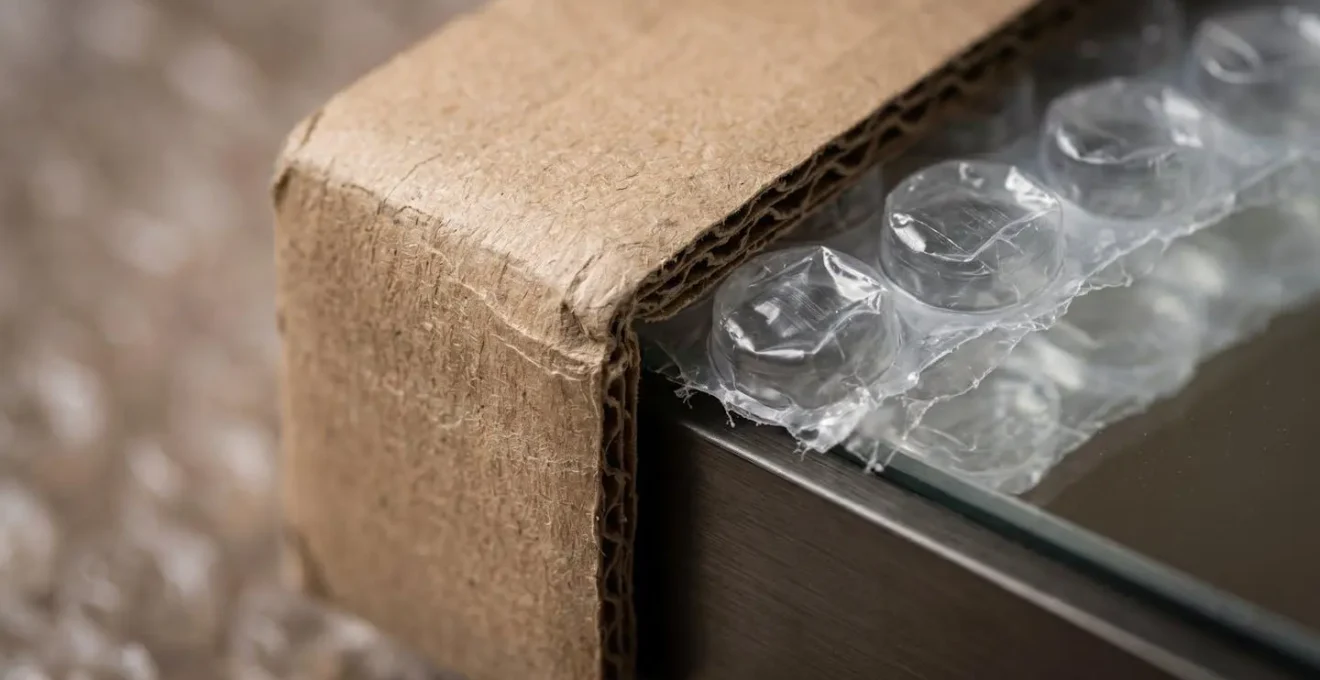 Détail technique de la protection des angles d'un miroir avec cornières en carton