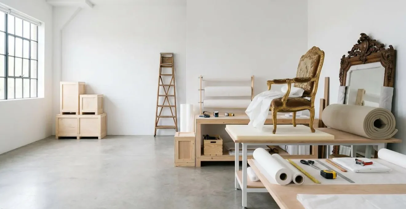 Emballage professionnel de meubles anciens avec matériaux de protection spécialisés lors d'un déménagement