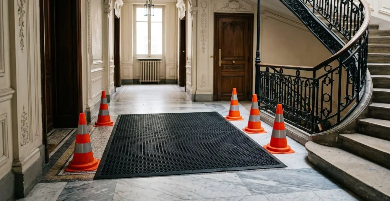 Vue en plongée sur un tapis antidérapant professionnel sécurisant une zone de passage lors d'un déménagement