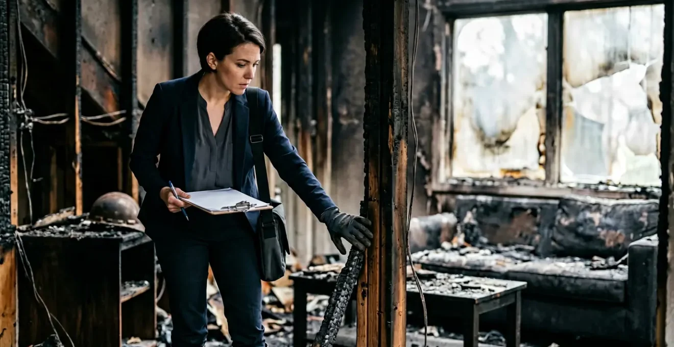 Expert en assurance évaluant les dommages d'un incendie domestique