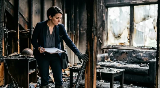 Expert en assurance évaluant les dommages d'un incendie domestique