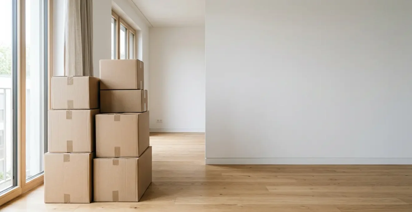 Organisation méthodique de cartons de déménagement dans un espace épuré pour optimiser le volume