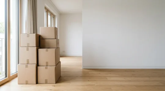 Organisation méthodique de cartons de déménagement dans un espace épuré pour optimiser le volume