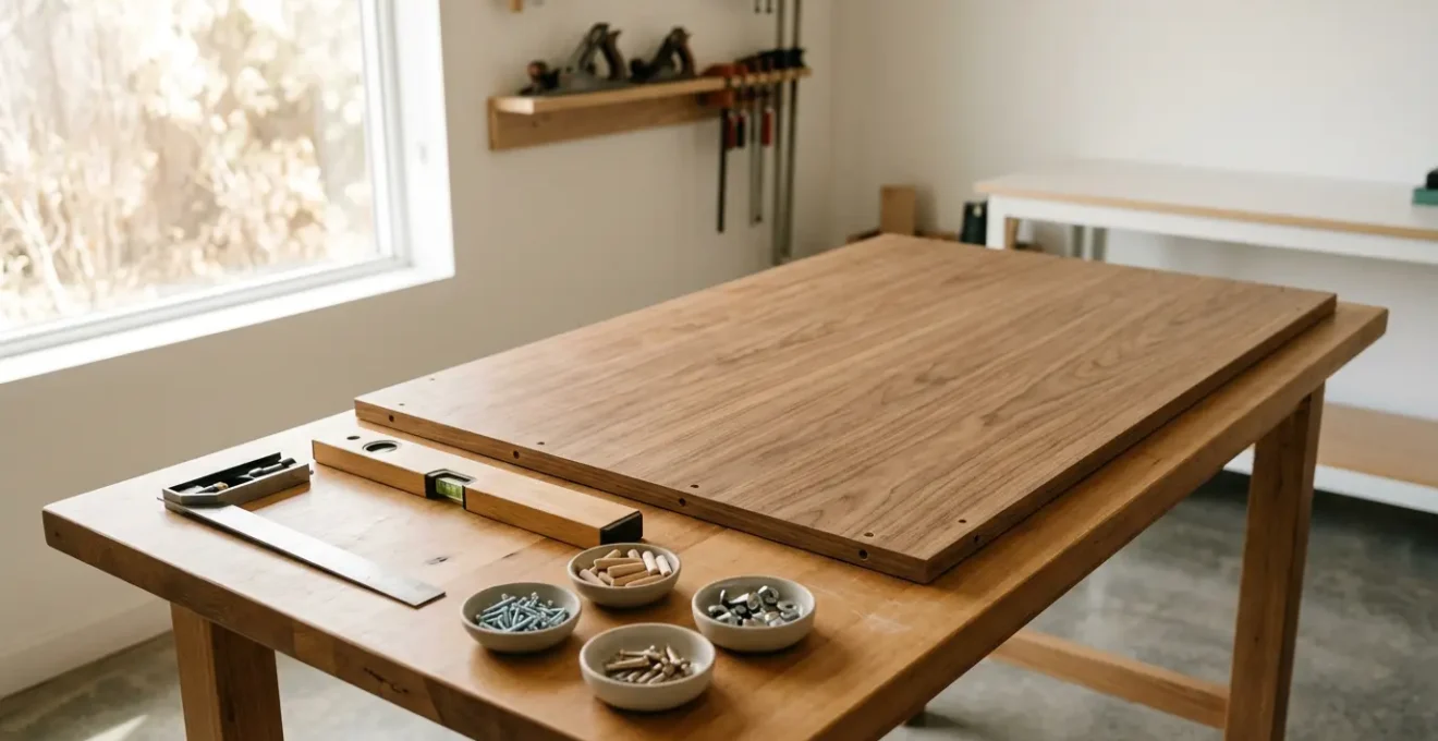 Panneau de bois avec vis et outil de montage sur surface de travail claire, composition claire avec espace négatif