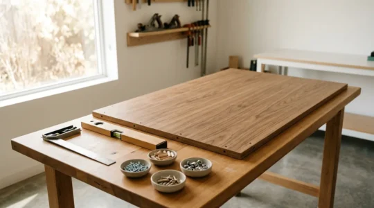 Panneau de bois avec vis et outil de montage sur surface de travail claire, composition claire avec espace négatif