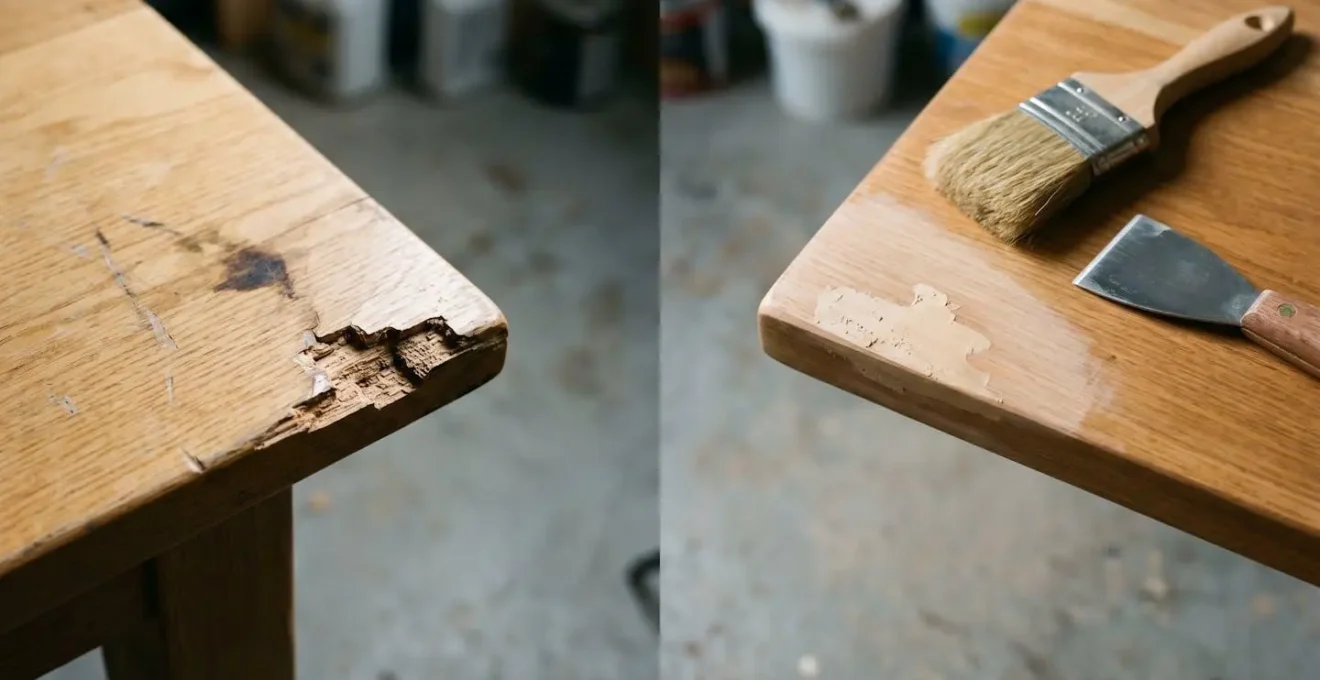 Techniques de réparation délicate d'un meuble en bois avec outils professionnels