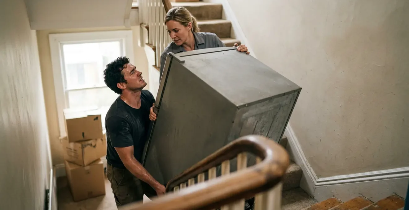 Deux personnes portant ensemble un réfrigérateur dans un escalier lors d'un déménagement