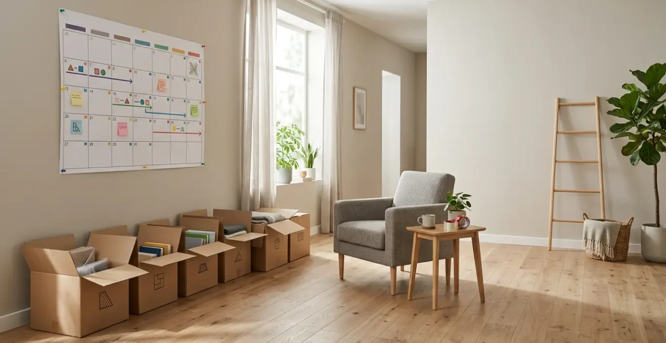 Vue d'ensemble d'un espace familial organisé pour un déménagement avec calendrier et planification