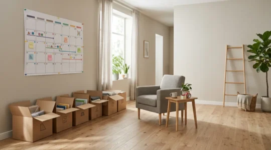 Vue d'ensemble d'un espace familial organisé pour un déménagement avec calendrier et planification