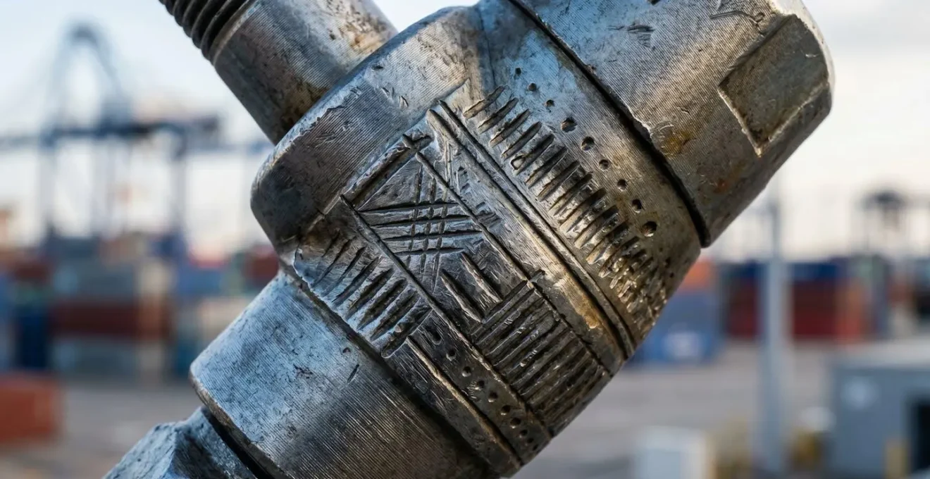 Détail macro du sceau de sécurité métallique d'un conteneur maritime avec numéro unique visible