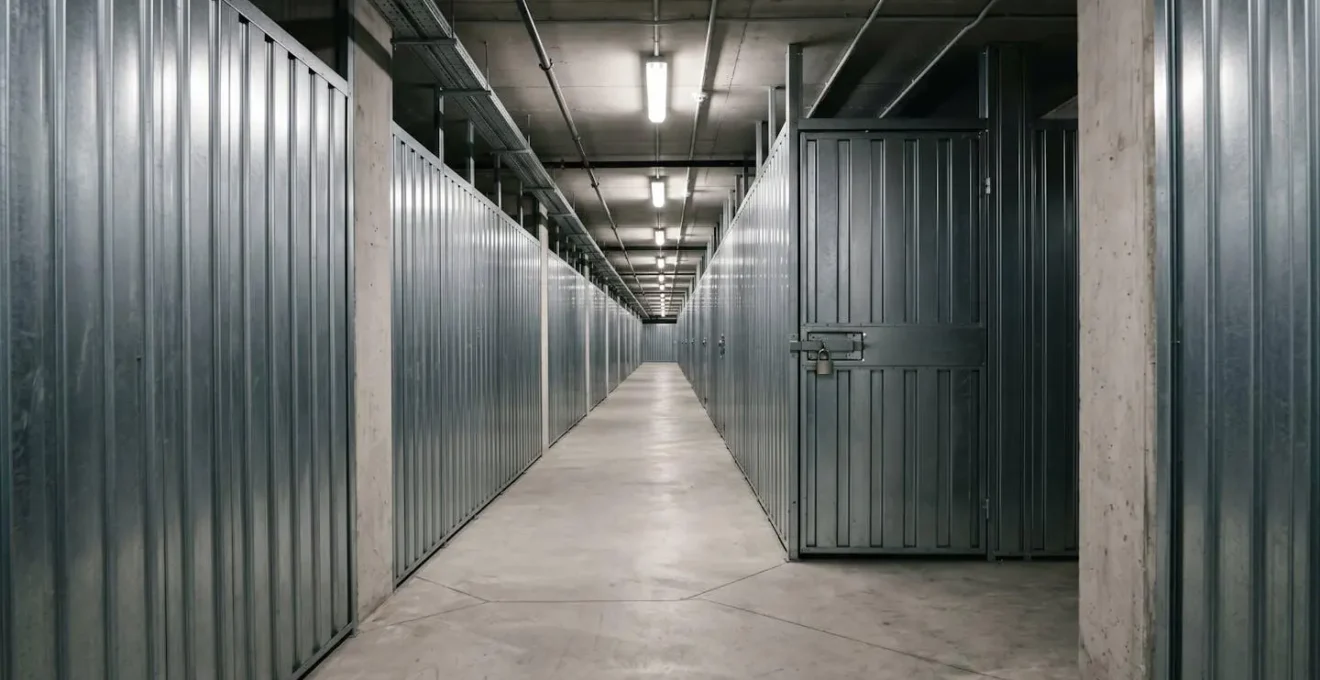 Vue environnementale minimaliste d'une porte de box de stockage avec serrure dans un couloir sécurisé