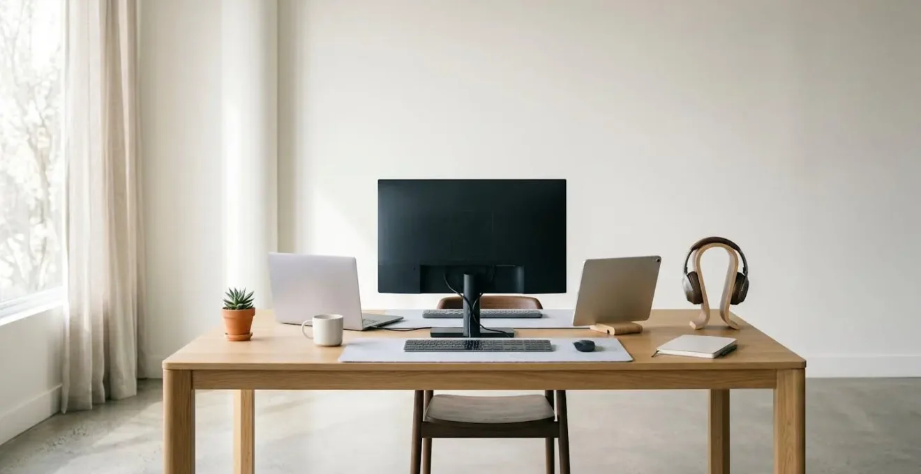 Configuration informatique moderne avec différents appareils illustrant la stratégie de couverture hybride
