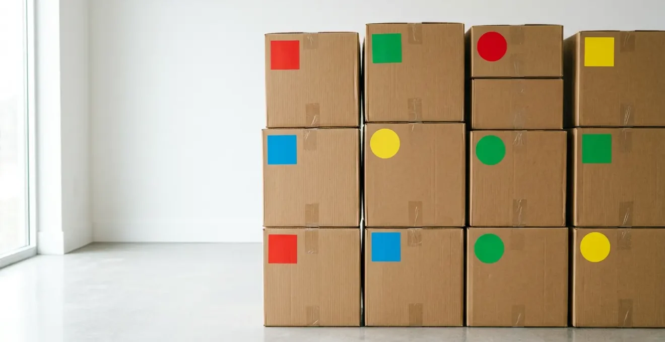 Vue rapprochée de cartons de déménagement empilés avec étiquettes colorées multicolores pour organisation efficace