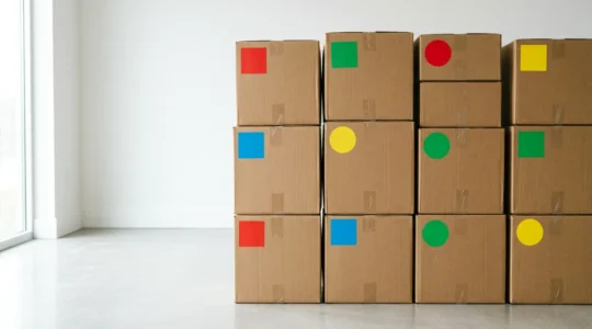 Vue rapprochée de cartons de déménagement empilés avec étiquettes colorées multicolores pour organisation efficace