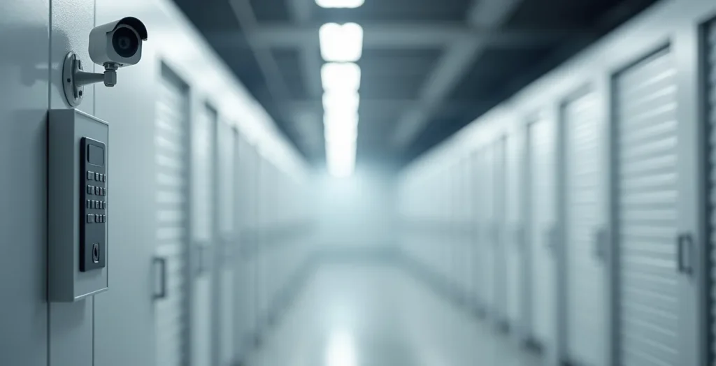 Système de sécurité moderne avec caméra et digicode dans un couloir de stockage