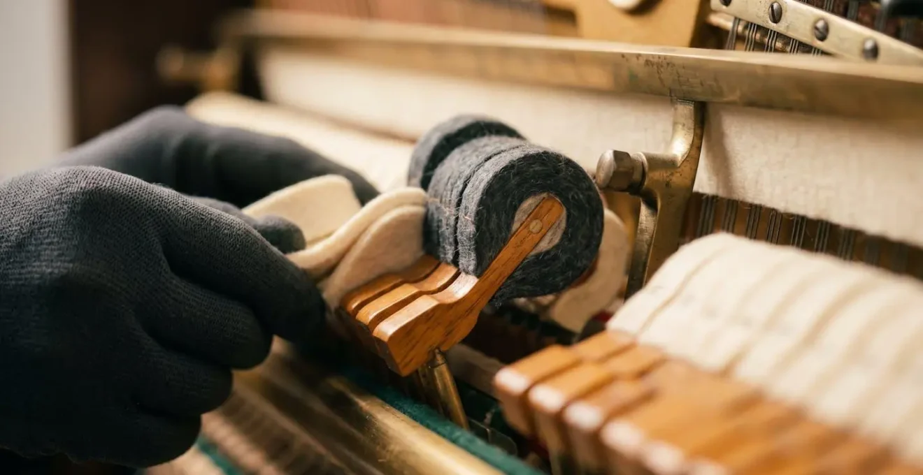 Vue rapprochée de la mécanique intérieure d'un piano avec système de calage professionnel lors d'une manutention délicate