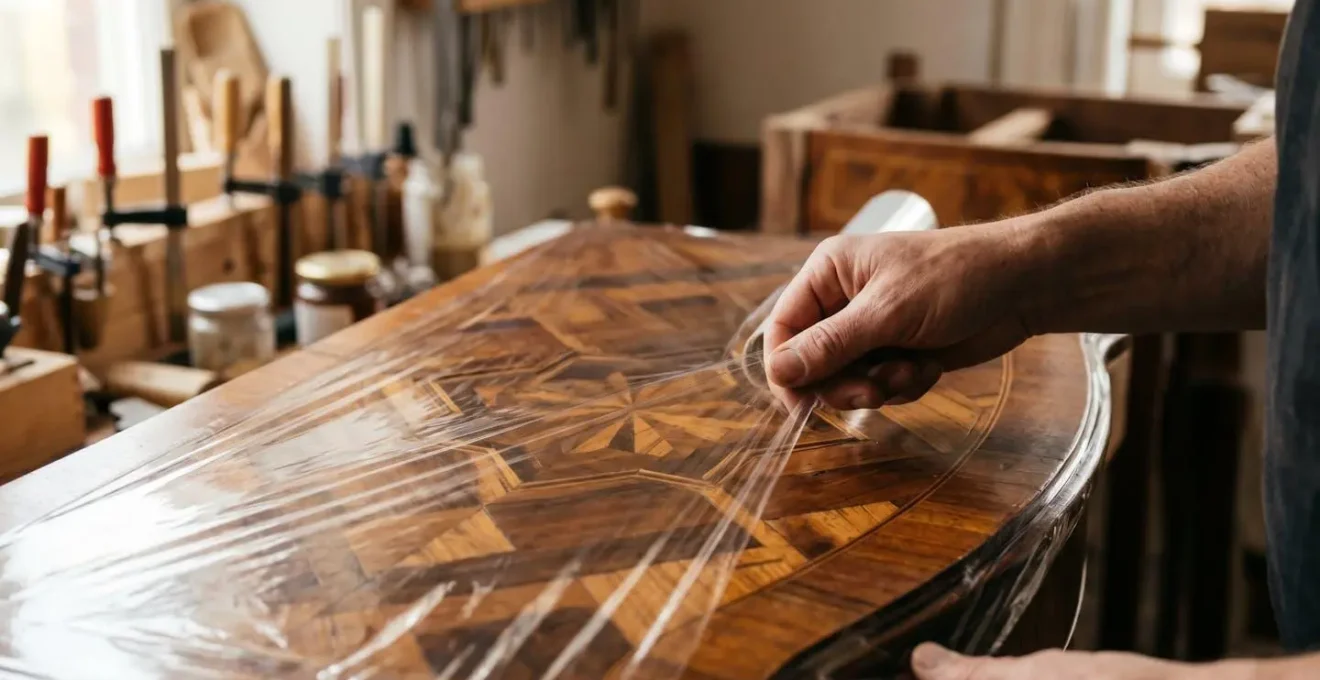 Démonstration de la technique du film étirable protégeant un meuble ancien sans contact direct avec la marqueterie