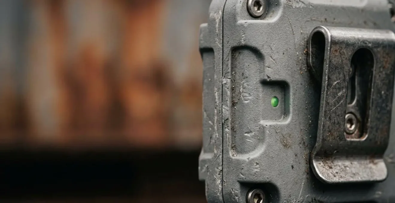 Détail macro d'un dispositif de tracking logistique professionnel