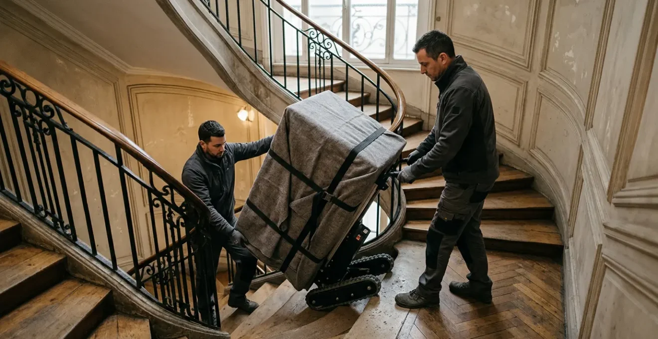 Équipe professionnelle en train de transporter un coffre-fort lourd avec discrétion dans un immeuble résidentiel