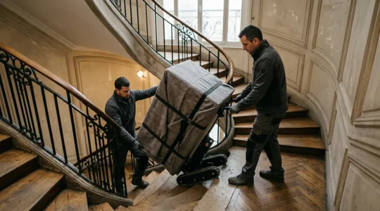 Équipe professionnelle en train de transporter un coffre-fort lourd avec discrétion dans un immeuble résidentiel