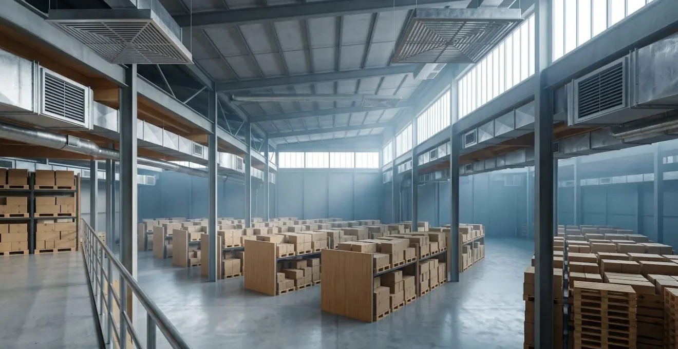 Vue d'ensemble d'un entrepôt de stockage avec système de ventilation naturelle et circulation d'air
