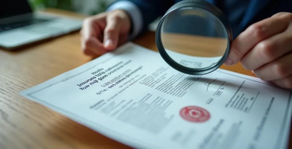 Gros plan sur des mains examinant des documents d'assurance avec une loupe