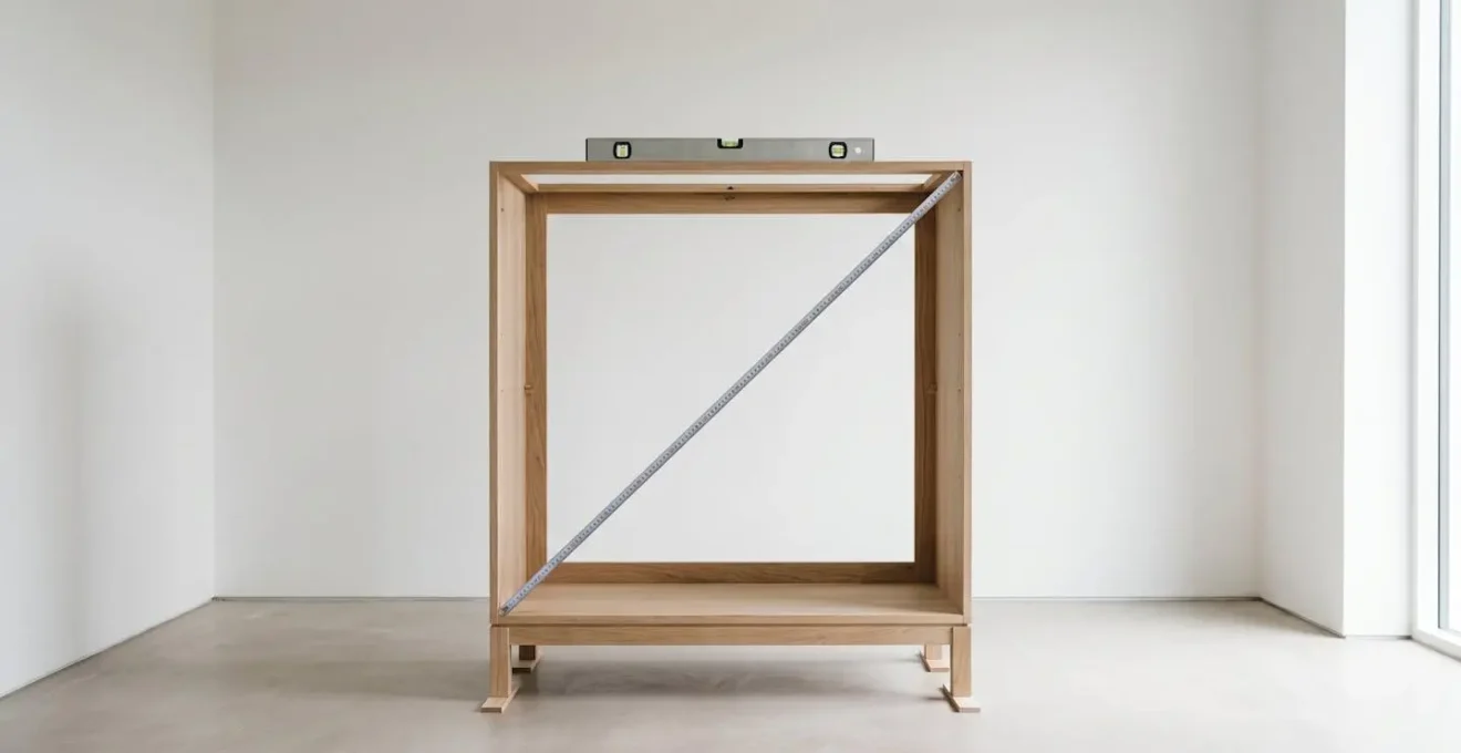 Vue d'ensemble d'un dressing en cours de remontage avec niveau à bulle et mesure des diagonales