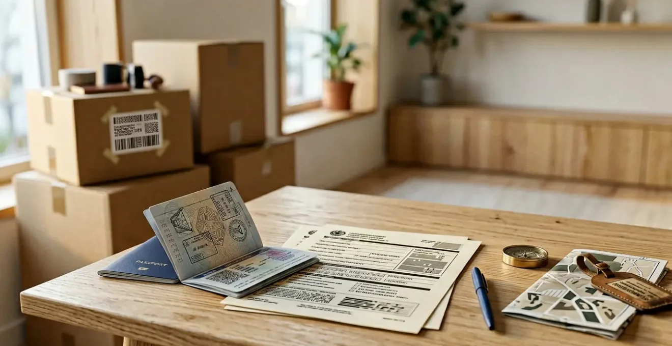 Scène de préparation administrative pour déménagement international avec visa et documents officiels