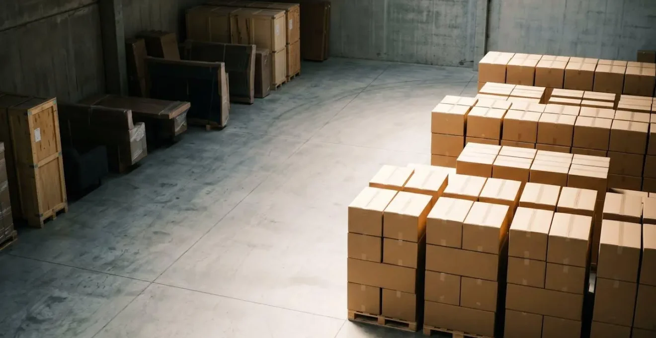 Vue organisée d'un box de stockage zoné avec allées de circulation et zones thématiques