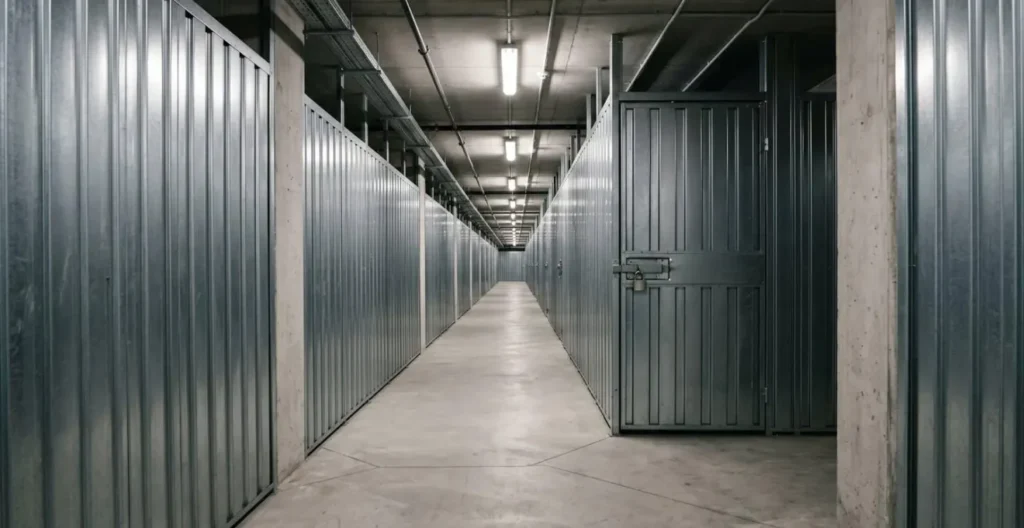 Vue environnementale minimaliste d'une porte de box de stockage avec serrure dans un couloir sécurisé Vue environnementale minimaliste d'une porte de box de stockage avec serrure dans un couloir sécurisé